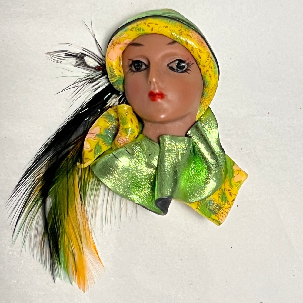 Vintage Face Brooch Women Feathered Flapper Art Deco Style Green Yellow